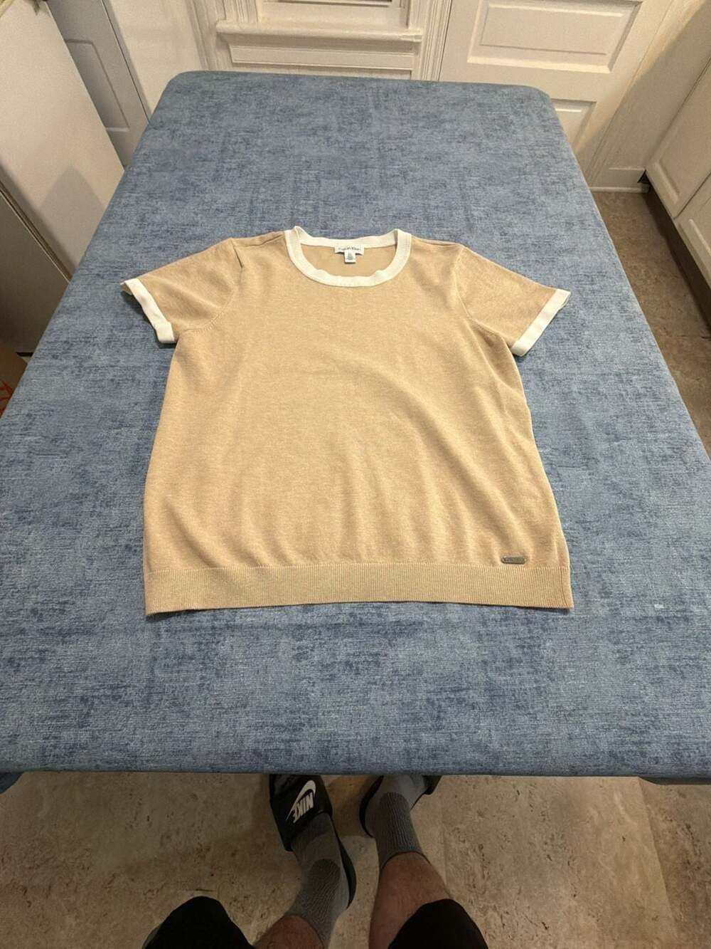 Calvin Klein Women's Beige & White Short Sleeve Knit Sweater Tee Size L